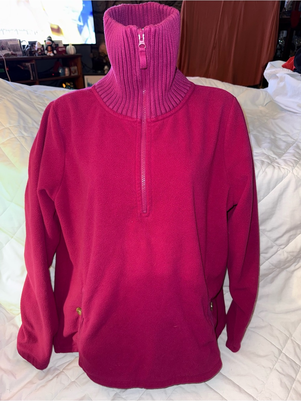 Lands' End Pullover Fleece Top Fuchsia Pink Chunky Knit Collar